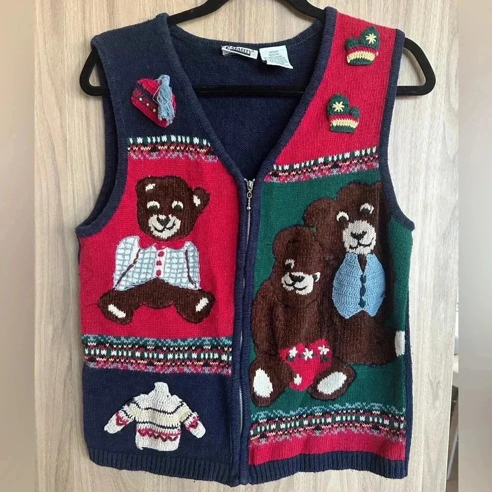 Vintage 90s Teddy Bear Zip Ugly Christmas Vest Ramie Cotton Hand Knit Medium